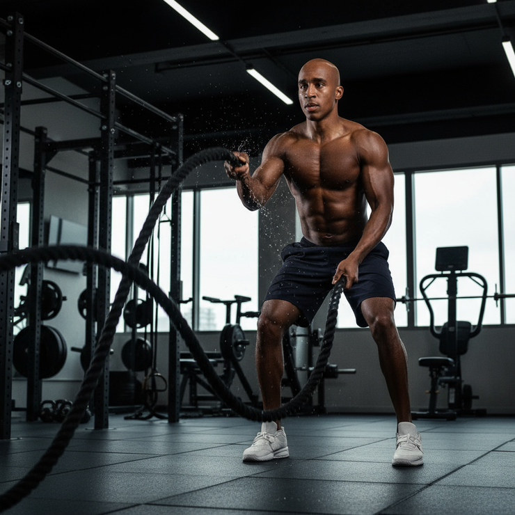 Athlete performing battle rope waves workout