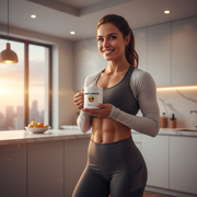 Athlete with morning coffee in kitchen