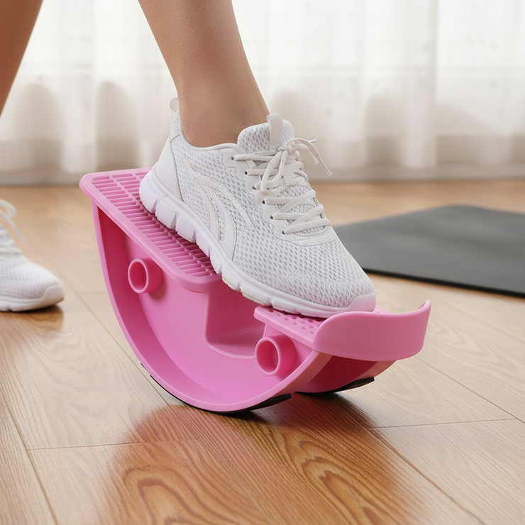 Close-up of calf stretcher in action