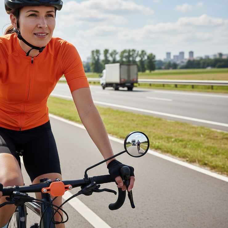 Cyclist using rearview mirror for road safety