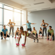 Group fitness with calf stretchers