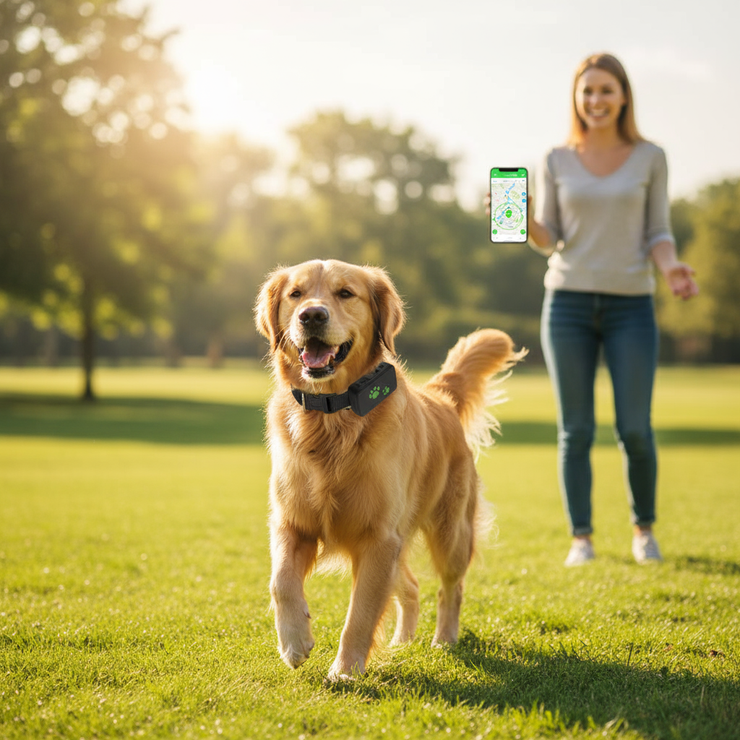 Happy dog with GPS tracker on collar