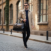 Man carrying black leather duffel bag lifestyle shot