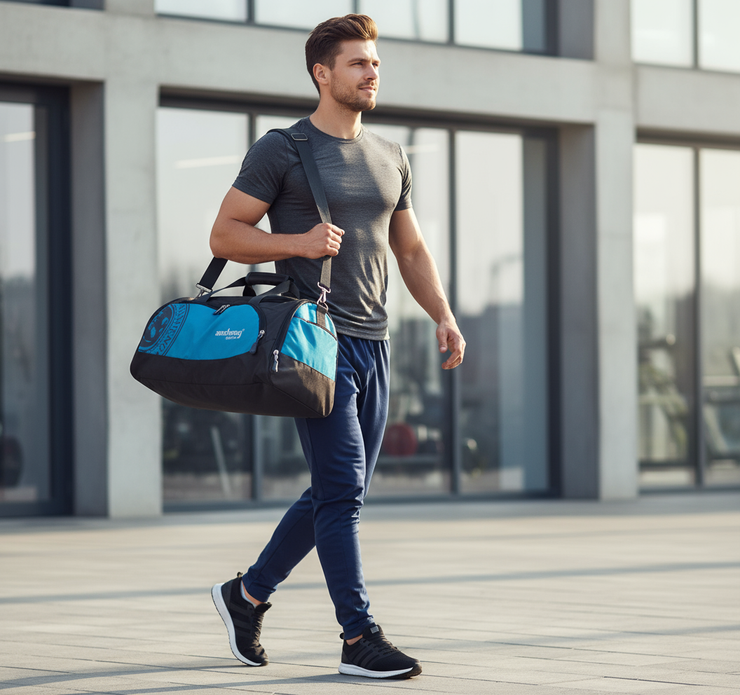 Person carrying blue sports duffel bag lifestyle shot