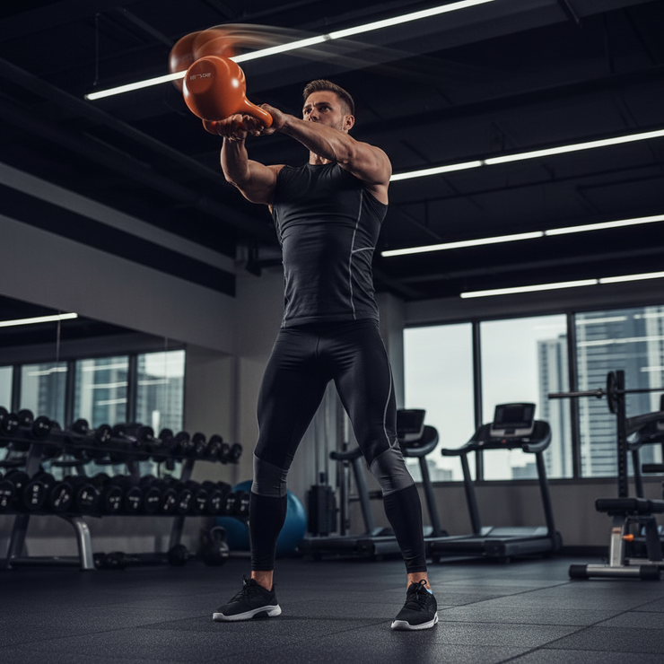 Person performing powerful kettlebell swing