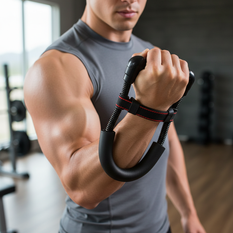 Person using forearm exerciser for grip training