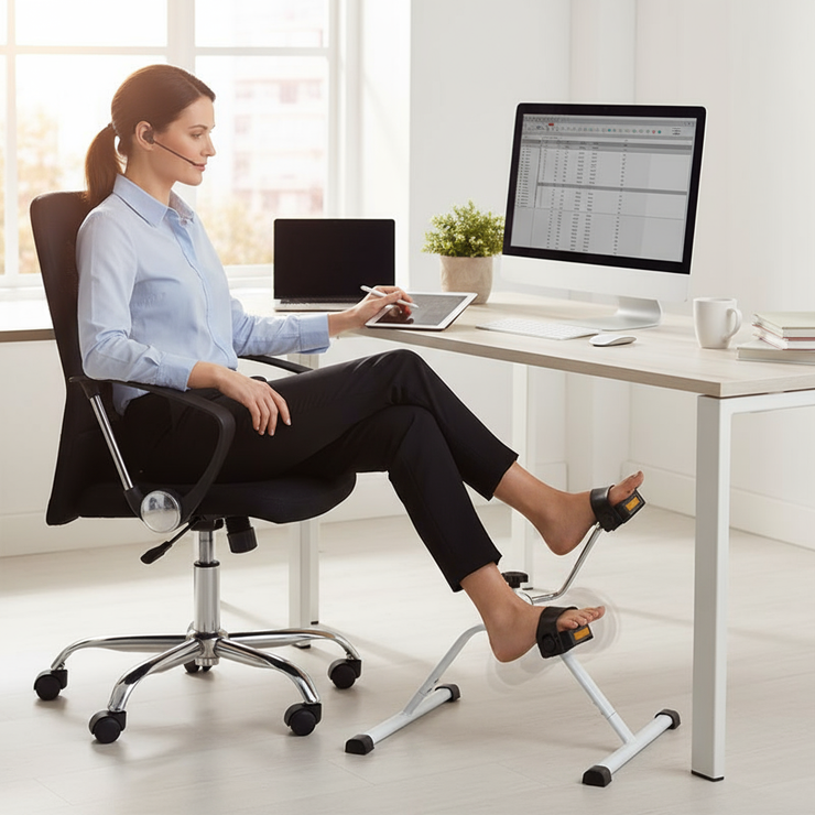 Person using pedal exerciser under desk