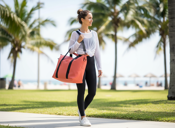 Woman carrying coral pink gym tote bag lifestyle shot