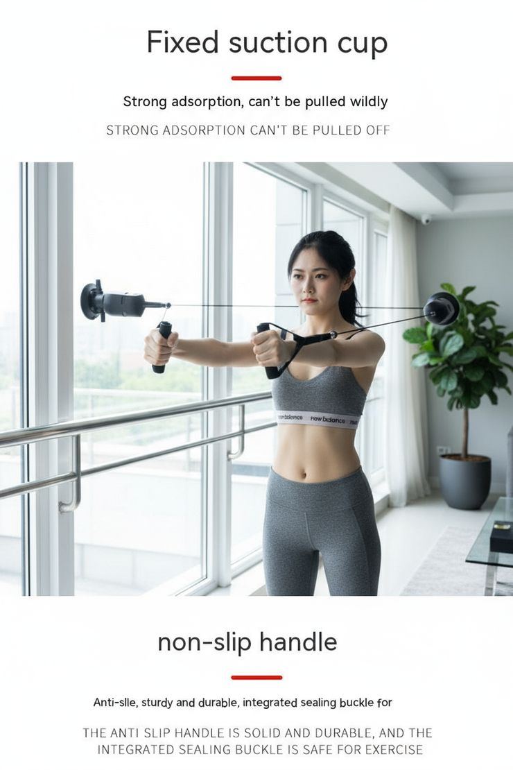 Woman using suction cup resistance trainers on window